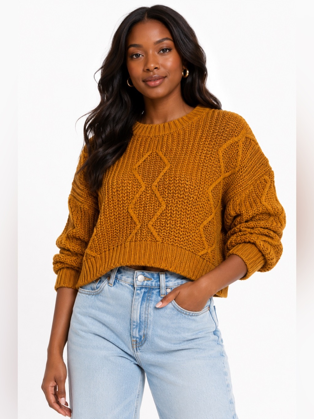 Fashion Nova Mustard Yellow Chunky Cable Knit Cropped Sweater Size Large